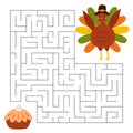 Maze game for kids. Cute pilgrim turkey looking for a way to the pumpkin pie. Bird animal character wearing a pilgrims Royalty Free Stock Photo