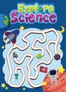 Maze game for kids with explore science logo in space theme Royalty Free Stock Photo