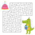 Maze game for kids. Fun crocodile looking for a way to the cake. Cute animal with cake. Printable worksheet. Royalty Free Stock Photo