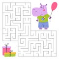 Maze game for kids. Fun hippo looking for a way to the gift box. Cute hippopotamus with balloon. Printable worksheet.