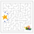 A maze game for kids. Guide the cartoon starfish through the maze to the corals. Vector