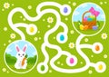 Maze game for kids. Help the Easter bunny collect all the eggs in the basket. Labyrinth for children. Flat vector illustration