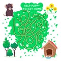 Maze game for kids. Help the little puppy to get home. Dog and doghouse. Cartoon vector cute puzzle