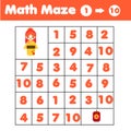 Maze game. Mathematics labyrinth with numbers. Counting from one to ten. Activity for toddlers and kids