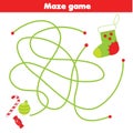 Maze game. Put gift in sock. Christmas and New year holidays Activity for children and kids