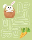 Maze game, rabbit in a basket of Easter eggs and carrots. Children\'s educational puzzle. Illustration