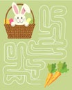 Maze game, rabbit in a basket of Easter eggs and carrots. Children\'s educational puzzle. Illustration vector