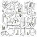 Maze game with vehicles and tangled road. Help the truck to reach the construction site. Coloring book page