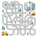 Maze game with vehicles and tangled road. Help the truck to reach the construction site