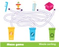 Maze game: waste sorting. Put trash into garbage bins. Ecology theme activity for children and kids