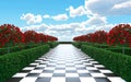 Maze garden 3d render illustration. Chess, golden flamingo, trees with red flowers and clouds in the sky