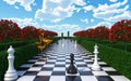 Maze garden 3d render illustration. Chess, golden flamingo, trees with red flowers and clouds in the sky. Alice in wonderland Royalty Free Stock Photo