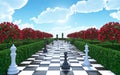 Maze garden 3d render illustration. Chess, trees with red flowers and clouds in the sky. Alice in wonderland theme Royalty Free Stock Photo