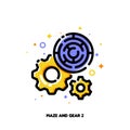 Maze and gear icon for concept of automating business processes to overcome business challenges. Flat filled outline style