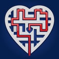 Maze in heart shape. Gray labyrinth on blue background with red path to center