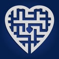 Maze in heart shape. Gray labyrinth on blue background