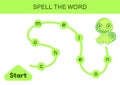 Maze for kids. Spelling word game template. Learn to read word chameleon, printable worksheet. Activity page for study English.