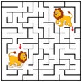Maze or Labyrinth for Children with cartoon Lion. Find right way to the Friend. Answer under the layer. Square puzzle Game.