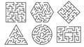 Maze. Labyrinth game in different graphic shapes for right or wrong paths and many entrance riddle, find way rebus logic