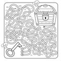 Maze or Labyrinth Game for Preschool Children. Puzzle. Tangled Road. Coloring Page Outline Of Cartoon key and closed treasure