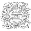 Maze or Labyrinth Game for Preschool Children. Puzzle. Tangled Road. Coloring Page Outline Of Cartoon keys and closed treasure