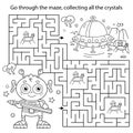 Maze or Labyrinth Game. Puzzle. Coloring Page Outline Of cartoon alien with a flying saucer on a planet in space. Coloring book