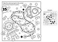 Maze or Labyrinth Game. Puzzle. Coloring Page Outline Of cartoon astronaut with rocket in space. Little spaceman or cosmonaut.