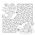 Maze or Labyrinth Game. Puzzle. Coloring Page Outline Of cartoon beautiful little mermaid. Marine princess. Underwater world.