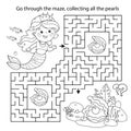 Maze or Labyrinth Game. Puzzle. Coloring Page Outline Of cartoon beautiful little mermaid. Marine princess. Underwater world.