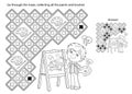 Maze or Labyrinth Game. Puzzle. Coloring Page Outline Of cartoon boy with brush and paints. Little artist with easel. Coloring Royalty Free Stock Photo