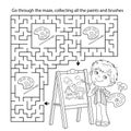 Maze or Labyrinth Game. Puzzle. Coloring Page Outline Of cartoon boy with brush and paints. Little artist with easel. Coloring Royalty Free Stock Photo