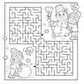 Maze or Labyrinth Game. Puzzle. Coloring Page Outline Of cartoon boy with girl making snowman together. Winter. Coloring book for Royalty Free Stock Photo