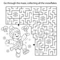 Maze or Labyrinth Game. Puzzle. Coloring Page Outline Of cartoon boy jumping for joy. First snow. Winter. Coloring book for kids