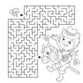 Maze or Labyrinth Game. Puzzle. Coloring Page Outline Of cartoon Boy playing cowboy with toy horse. Housework and cleaning,