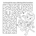 Maze or Labyrinth Game. Puzzle. Coloring Page Outline Of cartoon Boy playing cowboy with toy horse. Housework and cleaning, Royalty Free Stock Photo