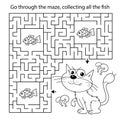 Maze or Labyrinth Game. Puzzle. Coloring Page Outline Of cartoon cat with fish. Coloring book for kids Royalty Free Stock Photo