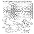 Maze or Labyrinth Game. Puzzle. Coloring Page Outline Of cartoon cat with fishing rod. Fun fisher. Coloring book for kids