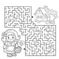 Maze or Labyrinth Game. Puzzle. Coloring Page Outline Of cartoon cute girl with basket walking home along the path. Little red Royalty Free Stock Photo