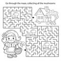 Maze or Labyrinth Game. Puzzle. Coloring Page Outline Of cartoon cute girl with basket walking home along the path. Little red Royalty Free Stock Photo