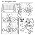 Maze or Labyrinth Game. Puzzle. Coloring Page Outline Of cartoon duck or duckling with soccer ball. Football. Sport. Coloring book