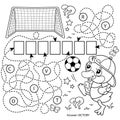 Maze or Labyrinth Game. Puzzle. Coloring Page Outline Of cartoon duck or duckling with soccer ball. Football. Sport. Coloring book