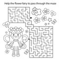 Maze or Labyrinth Game. Puzzle. Coloring Page Outline Of cartoon flower fairy with magic wand. Little kind wizard or magician.