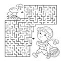 Maze or Labyrinth Game. Puzzle. Coloring Page Outline Of cartoon fun boy with basket. Little mushroom picker. Coloring book for Royalty Free Stock Photo