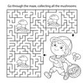 Maze or Labyrinth Game. Puzzle. Coloring Page Outline Of cartoon fun boy with basket. Little mushroom picker. Coloring book for