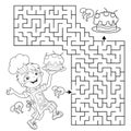 Maze or Labyrinth Game. Puzzle. Coloring Page Outline Of cartoon fun boy chef with cake. Little cook or scullion. Profession.