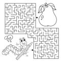 Maze or Labyrinth Game. Puzzle. Coloring Page Outline Of cartoon fun caterpillar with pear. Collect all apples. Coloring book for