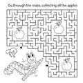 Maze or Labyrinth Game. Puzzle. Coloring Page Outline Of cartoon fun caterpillar with pencil. Collect all apples. Coloring book
