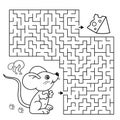 Maze or Labyrinth Game. Puzzle. Coloring Page Outline Of cartoon fun mouse with cheese. Coloring book for kids Royalty Free Stock Photo