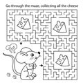 Maze or Labyrinth Game. Puzzle. Coloring Page Outline Of cartoon fun mouse with cheese. Coloring book for kids Royalty Free Stock Photo