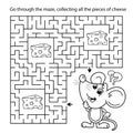 Maze or Labyrinth Game. Puzzle. Coloring Page Outline Of cartoon fun mouse with cheese. Coloring book for kids Royalty Free Stock Photo